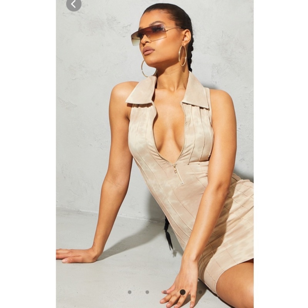 Stone tie dye zip up bodycon collar dress nude beige